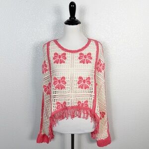 House of Harlow Boho Cottagecore Crocket Knit Bow Fringe Shrug Shawl Top OS